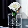 Elegant transparent glass vase featuring Flower Language print with a white rose - Short Style Language