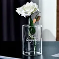 Creative transparent glass cylinder vase with white Flower Language text print and rose - High Style Language