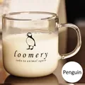 Linda taza de vidrio resistente al calor de 300 ml con pingüino y asa para leche - Pingüino / 300ml