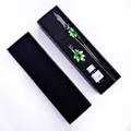 Detailed view of handmade green floral inlay glass dip pen set with ink in gift box - Small Gift Box Set / Green