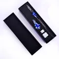 Detailed macro view of handmade blue floral glass dip pen with ink bottle in black box - Small Gift Box Set / Dark Blue