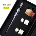 Handmade blue spiral glass dip pen gift set with four assorted ink bottles for calligraphy - Blue Feather Style (Large Gift Box) / Set (Includes 4 Bottles of Ink)