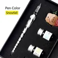 Elegant white spiral glass dip pen gift set with four customizable colored ink bottles - Flying Snow Style (Large Gift Box) / Set (Includes 4 Bottles of Ink)