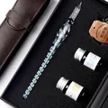Elegant light blue swirl glass dip pen set with premium ink bottles in a gift box - Serene Style (Large Gift Box) / Set (Includes 4 Bottles of Ink)
