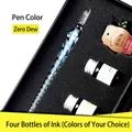 Elegant light blue swirl glass dip pen and ink bottle gift set in a black box - Morning Dew Style (Large Gift Box) / Set (Includes 4 Bottles of Ink)