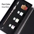 Handcrafted glass dip pen gift set in deep blue with 4 ink bottles and gift box - Deep Water Style (Large Gift Box) / Set (Includes 4 Bottles of Ink)