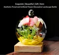 Decorative clear glass globe with pink artificial flowers and plants on a wood base. - Sphere with Ring (With Wood Base) / HP198 (12x10x5cm)