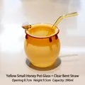 Cute yellow honey pot glass cup with glass straw and bee ornament - 390ml / Yellow Small Honey Jar With Yellow Straw