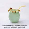 Handmade green honey pot shaped glass cup with cute bee decoration and bent glass straw - 390ml / Green Small Honey Jar With Yellow Straw