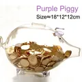 Hucha de cerdito de cristal borosilicato transparente con toques púrpuras, 18x12x12cm - Estilo Cerdo / Púrpura