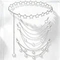Trendy 6-piece silver metal waist chain set with hollow star charms and layered rings - Silver Pentagram 5-Piece Set