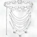Trendy silver metal butterfly trouser chain and waist belt set for women's fashion - Silver Butterfly 5-Piece Set