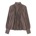 Elegant deep mauve high-neck pleated satin blouse featuring long cuffed sleeves and a soft drape - XS / Tops / Dark Brown