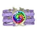 Handmade multilayer purple woven bracelet featuring colorful peace sign and butterfly charms - Purple