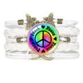 Handmade white braided multi-layer bracelet with rainbow peace sign and butterfly charms - White