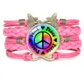 Handmade pink multi-strand braided peace sign bracelet with butterfly and infinity charms - Pink