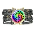Handmade multi-layer leather bracelet with rainbow peace sign and butterfly charm - Black