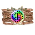 Multi-layer brown leather bracelet with rainbow peace sign cabochon and butterfly charms - Brown