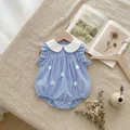 Romper estivo da neonata a righe blu con colletto bianco e delizioso ricamo floreale per neonati. - 73cm / Colletto Peter Pan