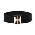 Detailed close-up view of black elastic waist belt featuring luxury gold H-buckle design. - Style 3 - Black