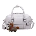 Light purple PU leather small square shoulder bag detail view with cute plush horse charm. - Purple