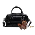 Black glossy PU leather handbag, classic structured mini square crossbody bag with plush horse charm. - Without Pendant / Black