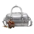 Silver glossy PU leather mini boston handbag detail, stylish shoulder strap and cute horse charm. - Without Pendant / Silver