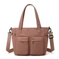 Brown nylon shoulder tote bag with front pockets, casual daily travel handbag and crossbody. - Pink