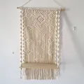 Estante colgante de pared bohemio tejido a mano con barra de madera para decoracion de hogar - 44*70 cm / Blanco Roto