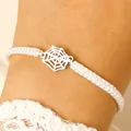 White braided bracelet with a silver-colored spider web charm for Halloween jewelry. - Spider Web Woven Style (DZ-720) / White