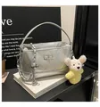 Silver quilted shoulder bag with chain strap and cute bear charm for women daily commute. - With Charm / Silver
