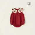 Rode mouwloze baby romper jurk met schattige kersen gehaakte kraag voor zomerse peutermeisjes. - Dresses / Rood / 66