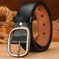 Cinturon de cuero genuino negro para hombre con hebilla de pasador plateada clasica negocios - H1031 negro / 120cm