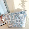Vintage artistic portable cosmetic bag with elegant blue floral jacquard design for daily use. - Silver Plum Blossom Gold Thread / Silver