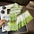 Green silk ribbon scarf with artistic landscape print, elegant long streamer for women. - 19137 - Main Image