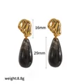 Retro gold-tone stainless steel earrings with smoky black resin teardrop charms, 8.8g - Gold Ripple Gray-Black Teardrop Style (TE60668-BK)