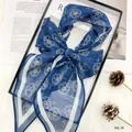 Blue floral georgette skinny scarf, elegant long ribbon neck scarf for women chic summer. - 160*20cm / PS-4
