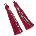 Detailed closeup of red decorative curtain tassels with colorful braided ropes and hanging loops. - Woven Tassel Pendant (F7128) / 2 Pcs/Set / Burgundy