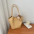 Elegant beige woven tote bag with retro large capacity for women - Khaki With Pendant / Khaki
