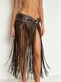 Punk style leather fringe belt detail, dark brown belt with silver metal rivets and buckle. - 105cm / Coffee