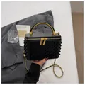 Black pearl box handbag, golden metal handle and chain strap, elegant fashion crossbody bag. - White
