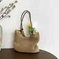 Woven tote bag for women, large capacity casual straw shoulder bag, summer vacation style. - Magnetic Closure / Khaki