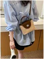 Sac seau en paille tissé main avec rabat en cuir marron et boucle - Marron