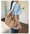 Grand sac de plage en paille tressée avec perles colorées pour les vacances d'été - Kaki