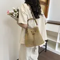 Women straw bucket bag beach summer vacation woven handbag with bamboo handle cross body bag - Dark Khaki