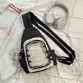 Black and white mini chest bag, casual crossbody Ita bag with clear window and bungee cords. - Black With Star Pendant
