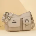 Borsa a tracolla in morbida pelle di grande capacità con larga cinghia etnica per le donne - Bianco avorio