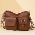Brown soft PU leather women shoulder crossbody bag with wide strap and double front pockets. - Brown