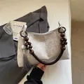 Chic Chinese style women shoulder bag, vintage wooden bead handle underarm handbag daily. - Gray
