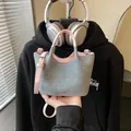 Mini contrast color denim bucket bag with pink trim and detachable shoulder strap - Pink